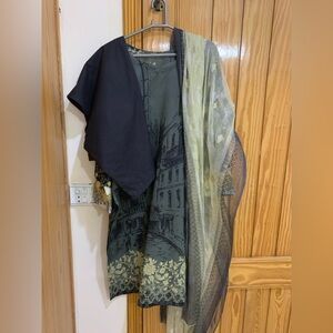 Elegant Black and Green Embroidered Dress with Sheer Shawl